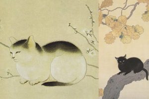Meji-Period Japanese Traditional Paintings Modernized By Many Cats Drawings