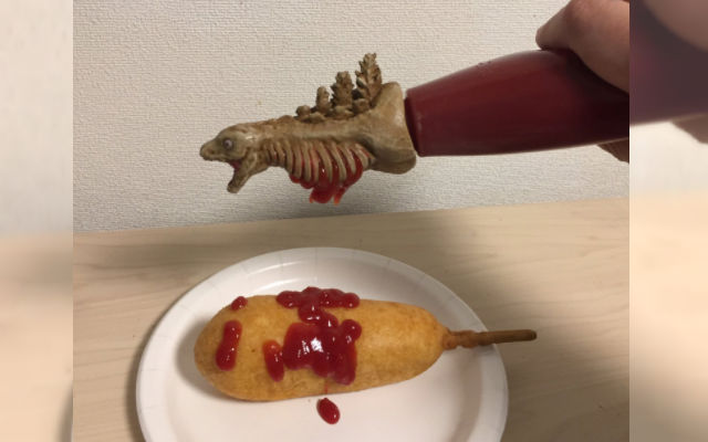 Japanese Twitter User Made A Gory Ketchup Head Out Of A Godzilla Capsule Toy