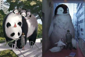 Japanese Artist Illustrates Gigantic Animals Comforting Humans In Hard Times To Warm Your Heart