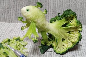 Japanese fruit and veggie carving artist turns broccoli into epic fish sculpture