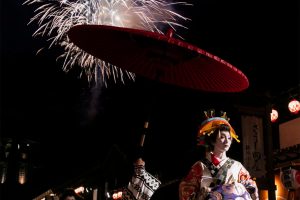A rare event: Oiran Courtesans take to the streets under fireworks at Edo Wonderland this Saturday