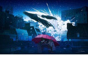 Japanese artist’s striking illustrations show Tokyo overrun by whales and giant flowers