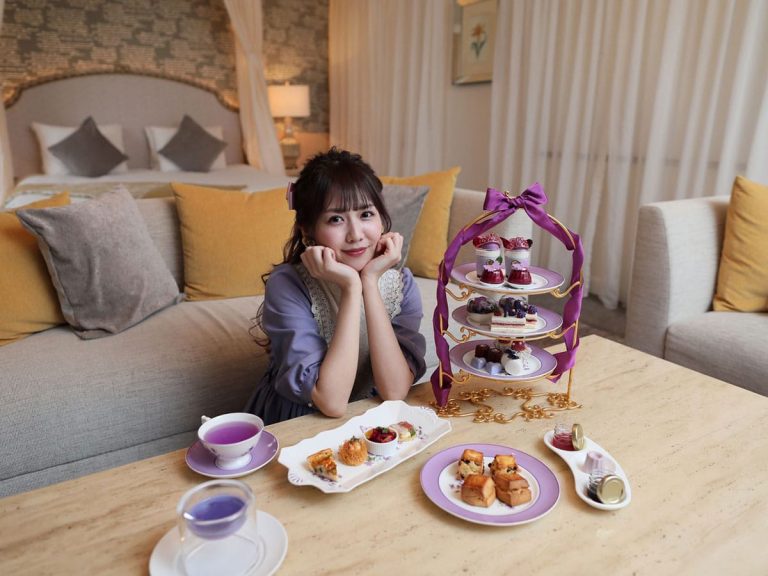 Former AKB48 member Sumire Sato supervises violet afternoon tea at The Strings Hotel Yagoto Nagoya