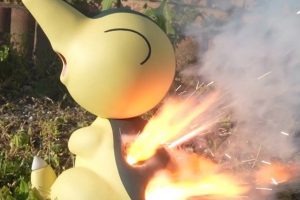 Fire Pokémon come to life with incredible life-sized Cyndaquil fireworks stand