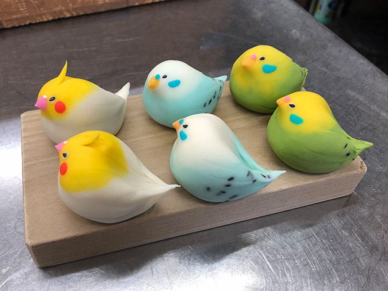 Japanese traditional wagashi sweets chef fashions colorful, lifelike birds, fish and more