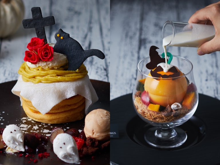 Black cat graveyard pancakes and ghostly pumpkin mousse haunt Halloween menu at Tokyo cafe