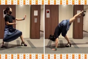 Japanese martial artist demonstrates a powerful kick you can even do in a skirt and heels