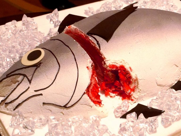 Groom’s tuna carving show wedding cake makes huge impact at ceremony