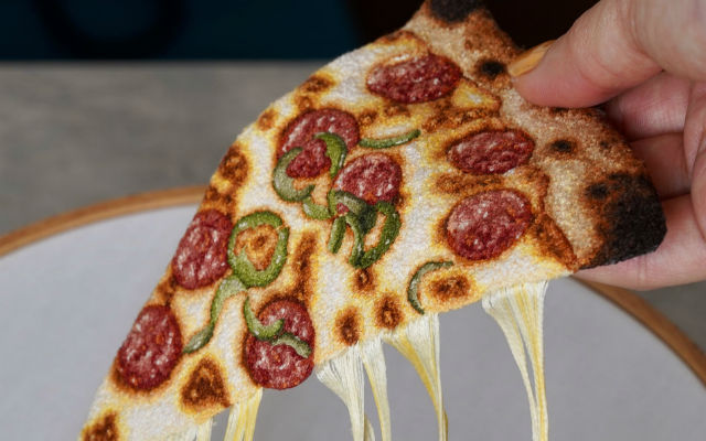 Japanese embroidery artist’s pizza is as cheesy and stringy as the real thing!