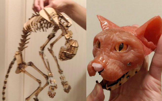 Japanese designer creates incredibly realistic cuddling cat dolls with flesh and bone structure