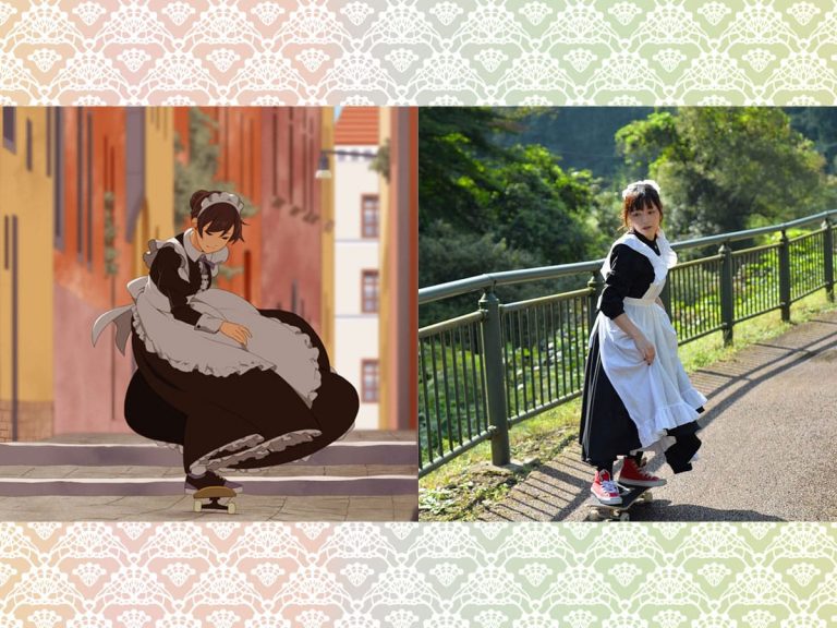 Skateboarding maid illustrator inspires maid cafe maid to skate IRL and photos look awesome