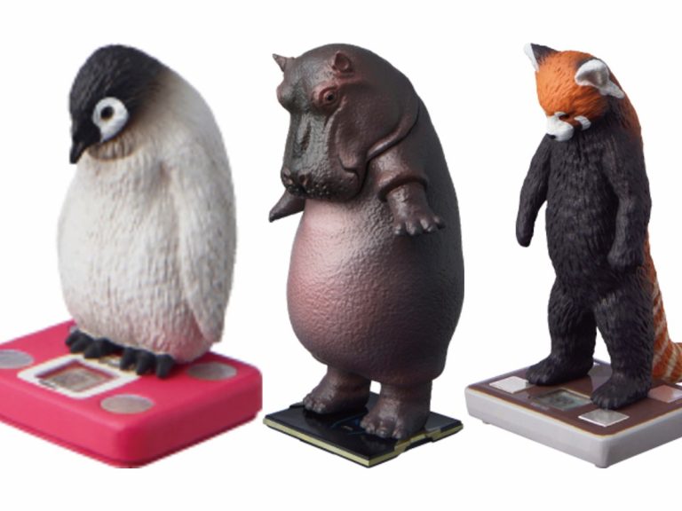 Capsule toys of concerned animals weighing themselves for life goals released in Japan